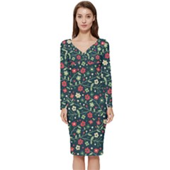 Flowering Branches Seamless Pattern Long Sleeve V-neck Bodycon Dress  by Zezheshop