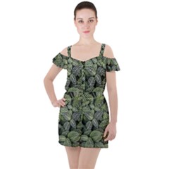 Leaves Foliage Botany Plant Ruffle Cut Out Chiffon Playsuit by Ravend