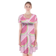 Pink Melon Wayermelon Pattern Food Fruit Melon Short Sleeve V-neck Flare Dress