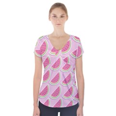 Pink Melon Wayermelon Pattern Food Fruit Melon Short Sleeve Front Detail Top