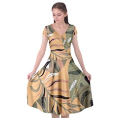 Leaves Monstera Picture Print Pattern Cap Sleeve Wrap Front Dress