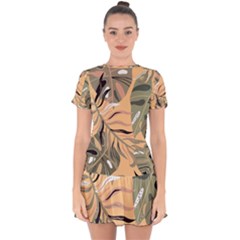 Leaves Monstera Picture Print Pattern Drop Hem Mini Chiffon Dress