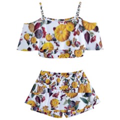 Pumpkin Fruit Flower Pattern Kids  Off Shoulder Skirt Bikini by Ravend