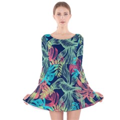 Sheets Tropical Picture Plant Pattern Long Sleeve Velvet Skater Dress