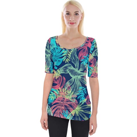 Sheets Tropical Picture Plant Pattern Wide Neckline Tee by Ravend