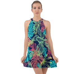 Sheets Tropical Picture Plant Pattern Halter Tie Back Chiffon Dress