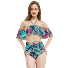 Sheets Tropical Picture Plant Pattern Halter Flowy Bikini Set  by Ravend