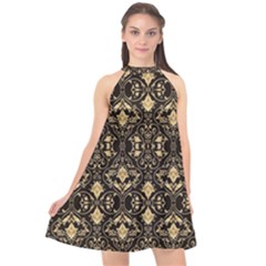 Vintage Batik Art Architecture Pattern Halter Neckline Chiffon Dress 