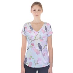 Bird Blossom Seamless Pattern Short Sleeve Front Detail Top