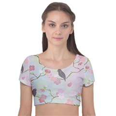 Bird Blossom Seamless Pattern Velvet Short Sleeve Crop Top 