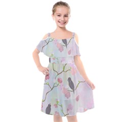 Bird Blossom Seamless Pattern Kids  Cut Out Shoulders Chiffon Dress