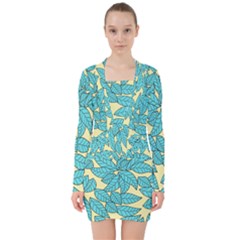 Illustration Sheets Dry Leaves Print Pattern V-neck Bodycon Long Sleeve Dress