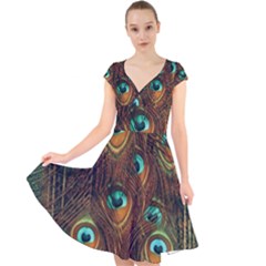 Peacock Feathers Cap Sleeve Front Wrap Midi Dress