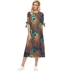 Peacock Feathers Bow Sleeve Chiffon Midi Dress