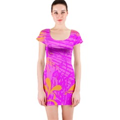 Spring Tropical Floral Palm Bird Short Sleeve Bodycon Dress