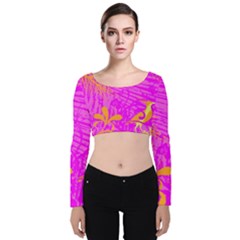 Spring Tropical Floral Palm Bird Velvet Long Sleeve Crop Top