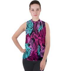 Illustration Sheets Drawing Reason Pattern Mock Neck Chiffon Sleeveless Top by Ravend