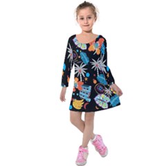 Design Print Pattern Colorful Kids  Long Sleeve Velvet Dress by Ravend