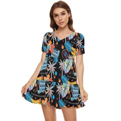 Design Print Pattern Colorful Tiered Short Sleeve Babydoll Dress