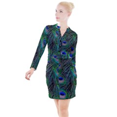 Beautiful Peacock Feathers Button Long Sleeve Dress