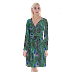 Beautiful Peacock Feathers Long Sleeve Velvet Front Wrap Dress by Ravend