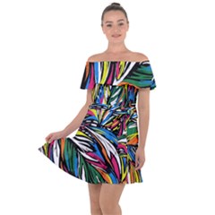 Tropical Monstera Pattern Leaf Off Shoulder Velour Dress