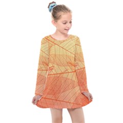 Orange Leaf Texture Pattern Kids  Long Sleeve Dress