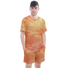 Orange Leaf Texture Pattern Men s Mesh Tee And Shorts Set