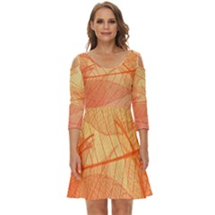 Orange Leaf Texture Pattern Shoulder Cut Out Zip Up Dress