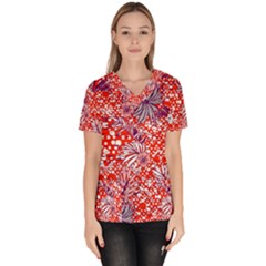 Leaf Red Point Flower White Women s V-neck Scrub Top