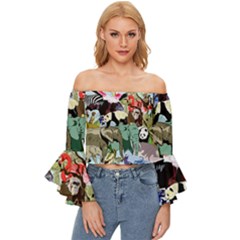 Zoo-animals-peacock-lion-hippo- Off Shoulder Flutter Bell Sleeve Top by Pakrebo