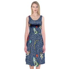 Illustration Cat Space Astronaut Rocket Maze Midi Sleeveless Dress by Ravend