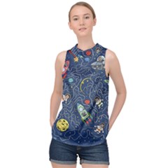 Illustration Cat Space Astronaut Rocket Maze High Neck Satin Top