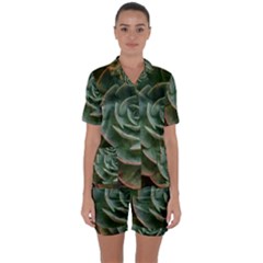 Green Orchid Plant Pattern Satin Short Sleeve Pajamas Set