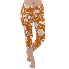 Orange Floral Walls  Lightweight Velour Capri Yoga Leggings by ConteMonfrey