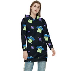 Illustration Cosmos Cosmo Rocket Spaceship Ufo Women s Long Oversized Pullover Hoodie by danenraven