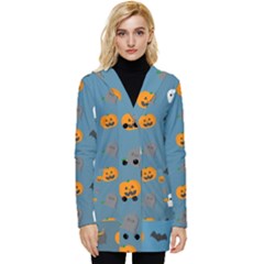 Halloween Cat Pumpkin Pattern Bat Horror Button Up Hooded Coat  by danenraven