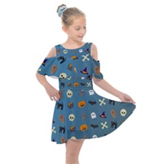 Halloween Cat Pumpkin Pattern Bat Horror Kids  Shoulder Cutout Chiffon Dress by danenraven