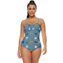 Halloween Cat Pumpkin Pattern Bat Horror Retro Full Coverage Swimsuit by danenraven