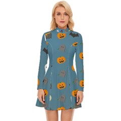 Halloween Cat Pumpkin Pattern Bat Horror Long Sleeve Velour Longline Dress by danenraven