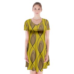 Yellow Brown Minimalist Leaves  Short Sleeve V-neck Flare Dress by ConteMonfrey