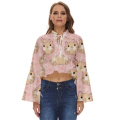 Cat Pattern Pink Background Boho Long Bell Sleeve Top