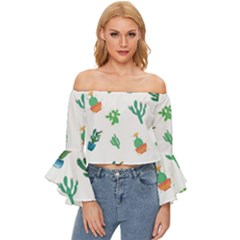 Among Succulents And Cactus  Off Shoulder Flutter Bell Sleeve Top by ConteMonfrey