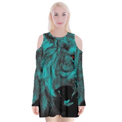 Angry Male Lion Predator Carnivore Velvet Long Sleeve Shoulder Cutout Dress by Jancukart