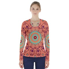 Folk Art Pattern Folk Art Background V-neck Long Sleeve Top by danenraven