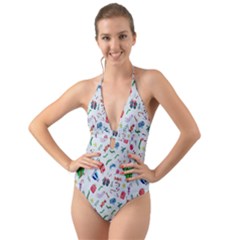 New Year Christmas Winter Watercolor Halter Cut-Out One Piece Swimsuit