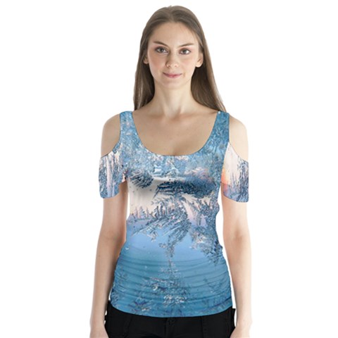 Frost Winter Morning Snow Butterfly Sleeve Cutout Tee  by artworkshop