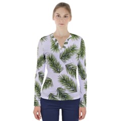 Fir Branch Pattern Christmas Decorative V-neck Long Sleeve Top by artworkshop