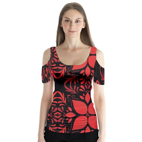 Christmas Red Black Xmas Gift Butterfly Sleeve Cutout Tee  by artworkshop