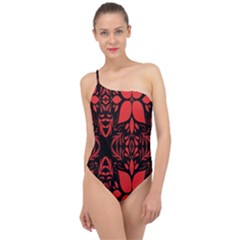 Christmas Red Black Xmas Gift Classic One Shoulder Swimsuit by artworkshop